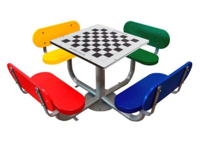 Anti-vandal outdoor chess table with 4 benches with backrest