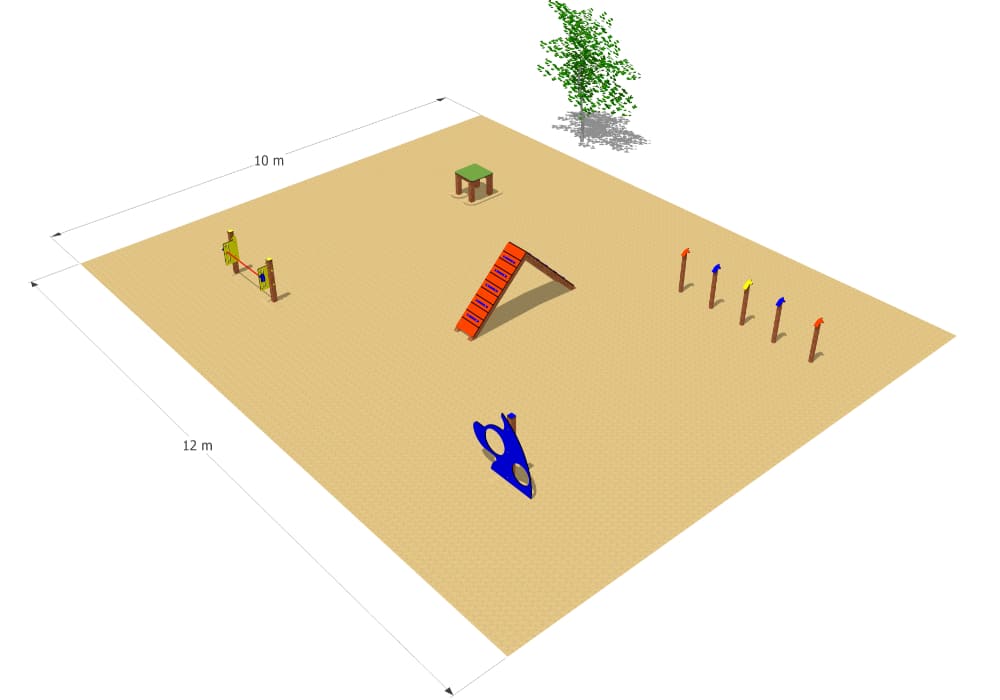 Caniparc avec 5 éléments de jeu sur une surface en sable.